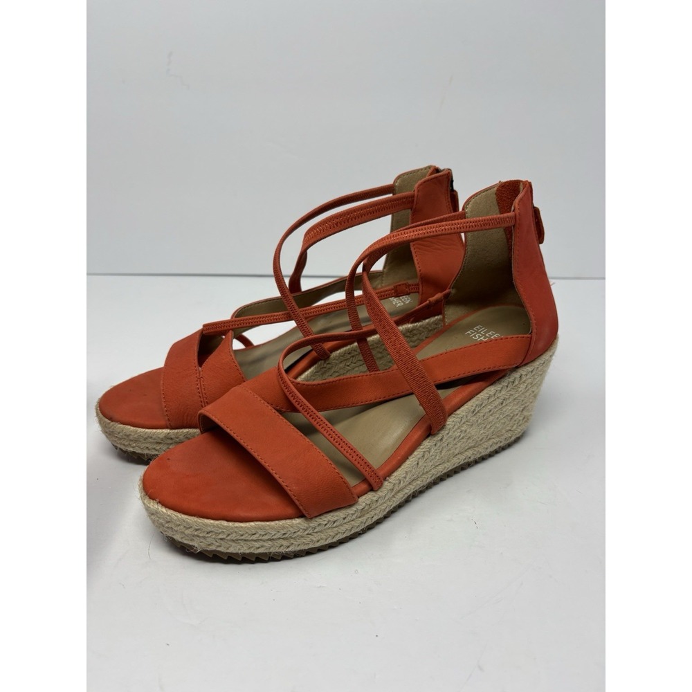 Eileen Fisher Wanda Wedge Strappy Sandals Orange Leather Zip Back Size 8